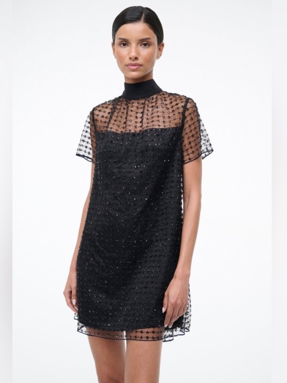 Staud Mini Ilana Dress in Stardust Onyx Black L